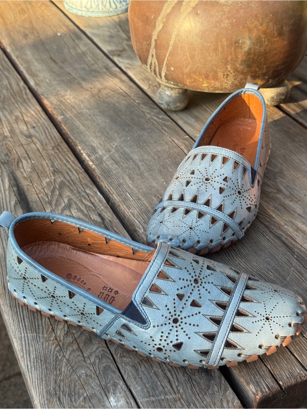 Spring Step Light Blue Laser-Cut Slip-On Loafers